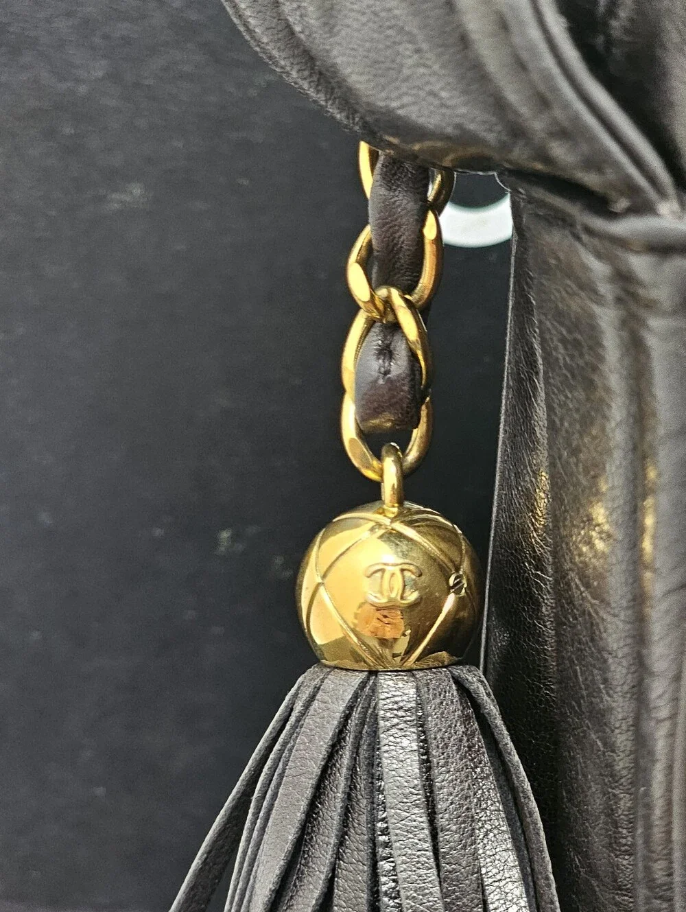AUTHENTIC Vintage Chanel Black Chevron Leather Tassel Camera Bag (3-Series)